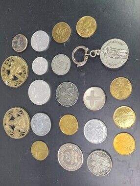 Religious Medal Keychain and Assorted Faith Tokens - Gold & Silver 21 Pieces